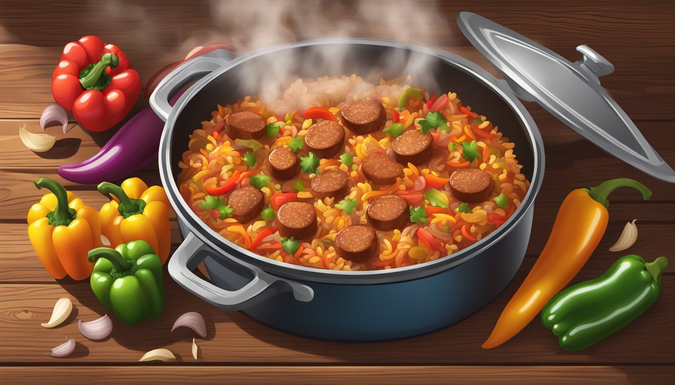 A steaming pot of Texas-style jambalaya surrounded by colorful peppers, onions, and spicy sausage on a rustic wooden table