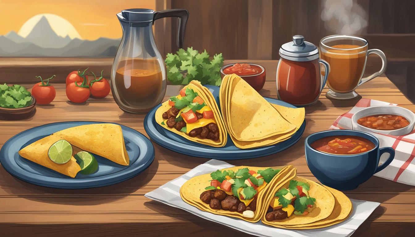 A rustic kitchen table with a plate of breakfast tacos, accompanied by a side of salsa and a steaming cup of coffee