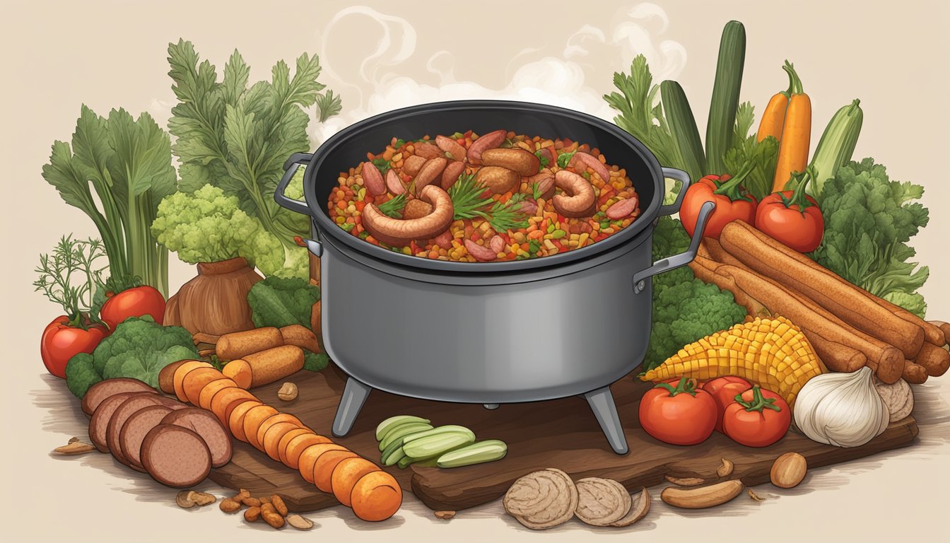 A steaming pot of Texas-style jambalaya simmering over a crackling campfire, surrounded by an array of fresh vegetables, spicy sausages, and fragrant spices