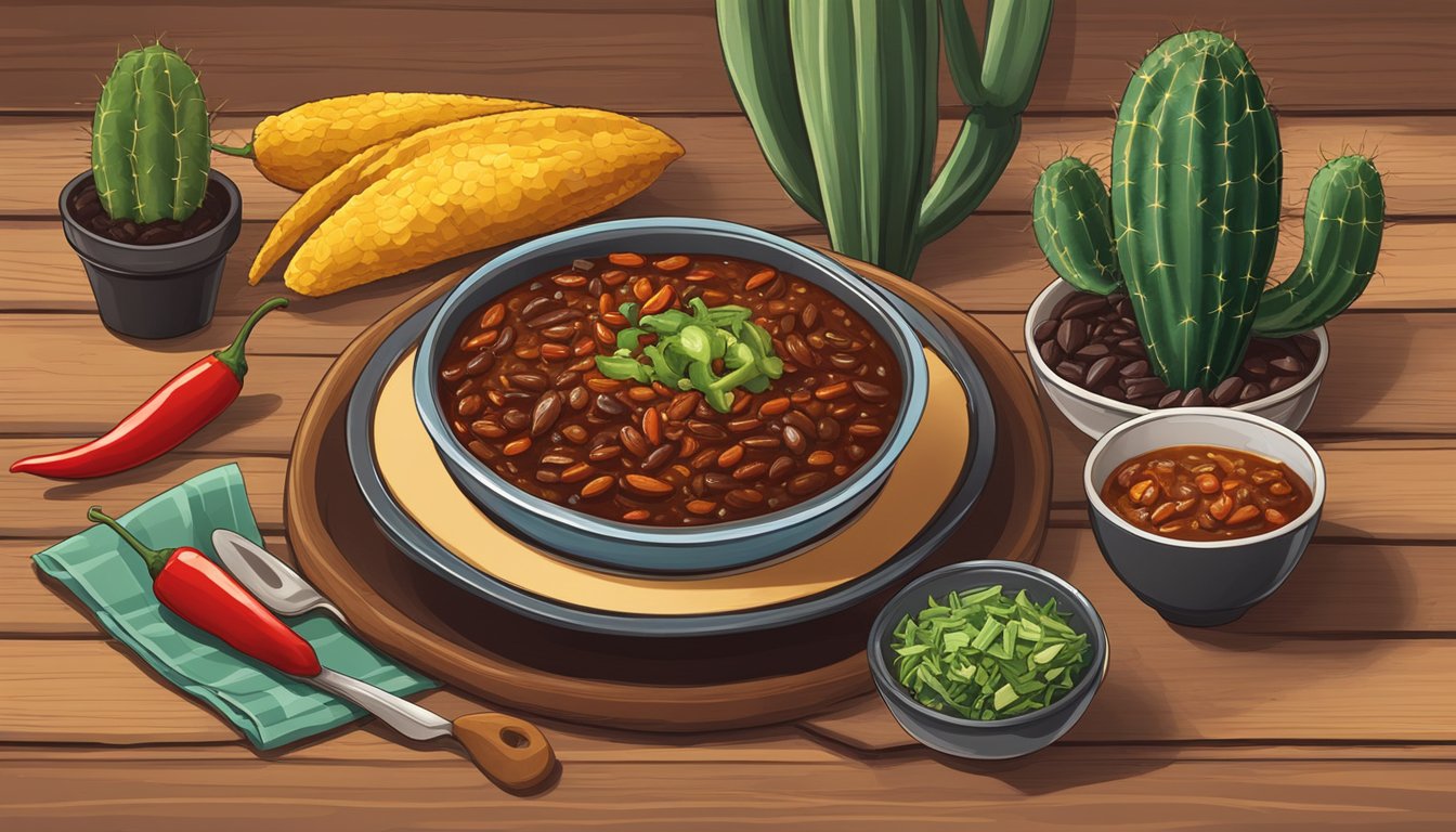 A cowboy hat on a wooden table with a plate of vegan BBQ jackfruit and a bowl of spicy black bean chili, surrounded by cacti and chili peppers