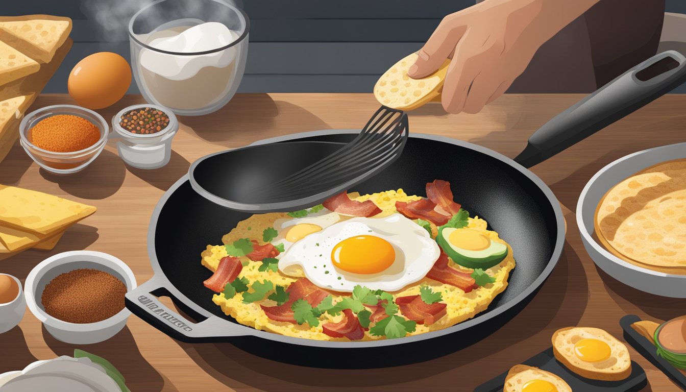 A chef cooks a variety of ingredients on a sizzling skillet, including eggs, bacon, and tortillas, while adding spices and seasonings