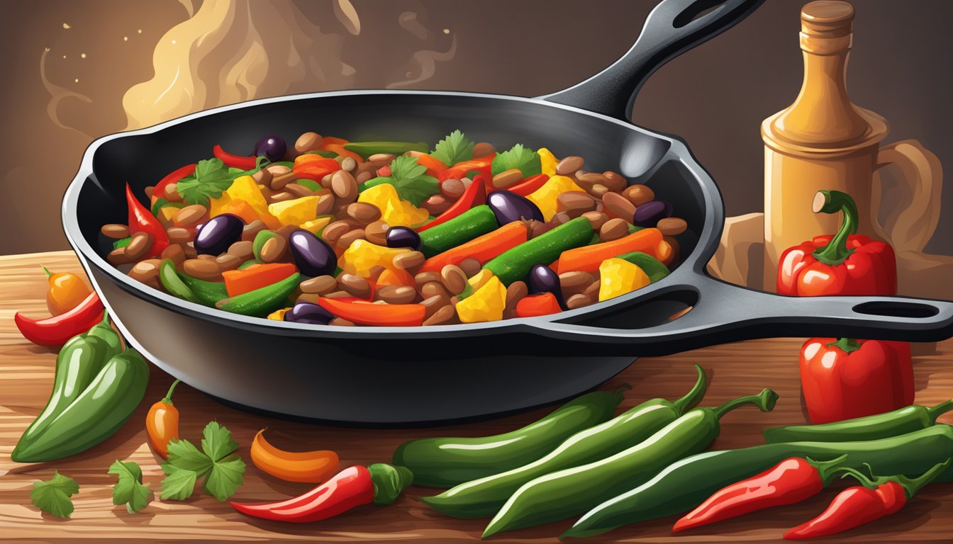 A sizzling cast iron skillet filled with colorful vegetables, beans, and spices, emitting a mouthwatering aroma of smoky barbecue and spicy chili peppers