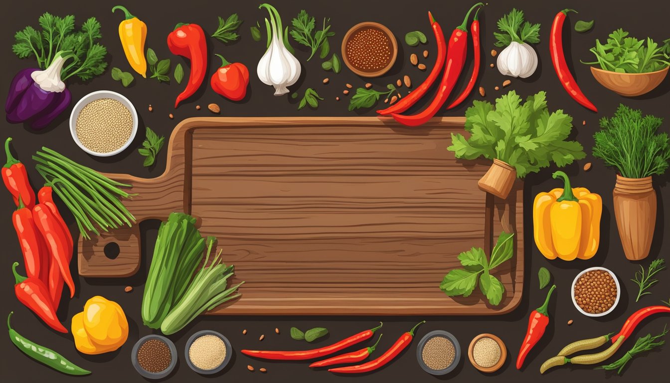 A rustic wooden table with an array of Texan ingredients like chili peppers, cumin, and smoked paprika, alongside fresh vegetables and plant-based proteins