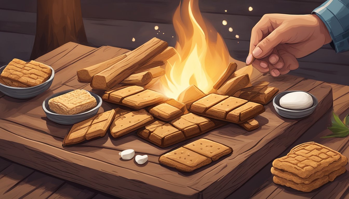 A rustic wooden table holds graham crackers, marshmallows, and chocolate bars. A campfire crackles in the background as a hand reaches for a skewer