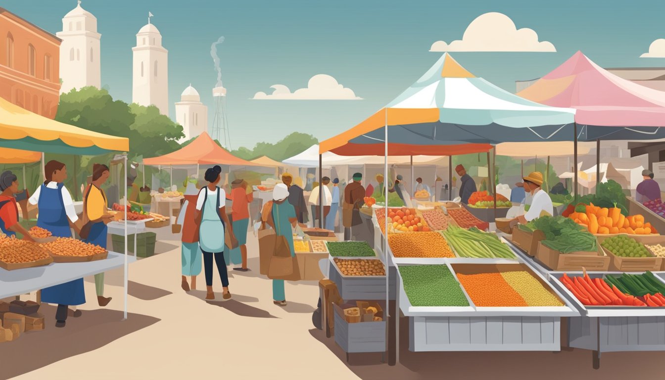 A bustling farmers' market in Texas, with colorful stalls of fresh produce and vendors selling local spices and sauces. A chef creates vegan dishes using Texan ingredients