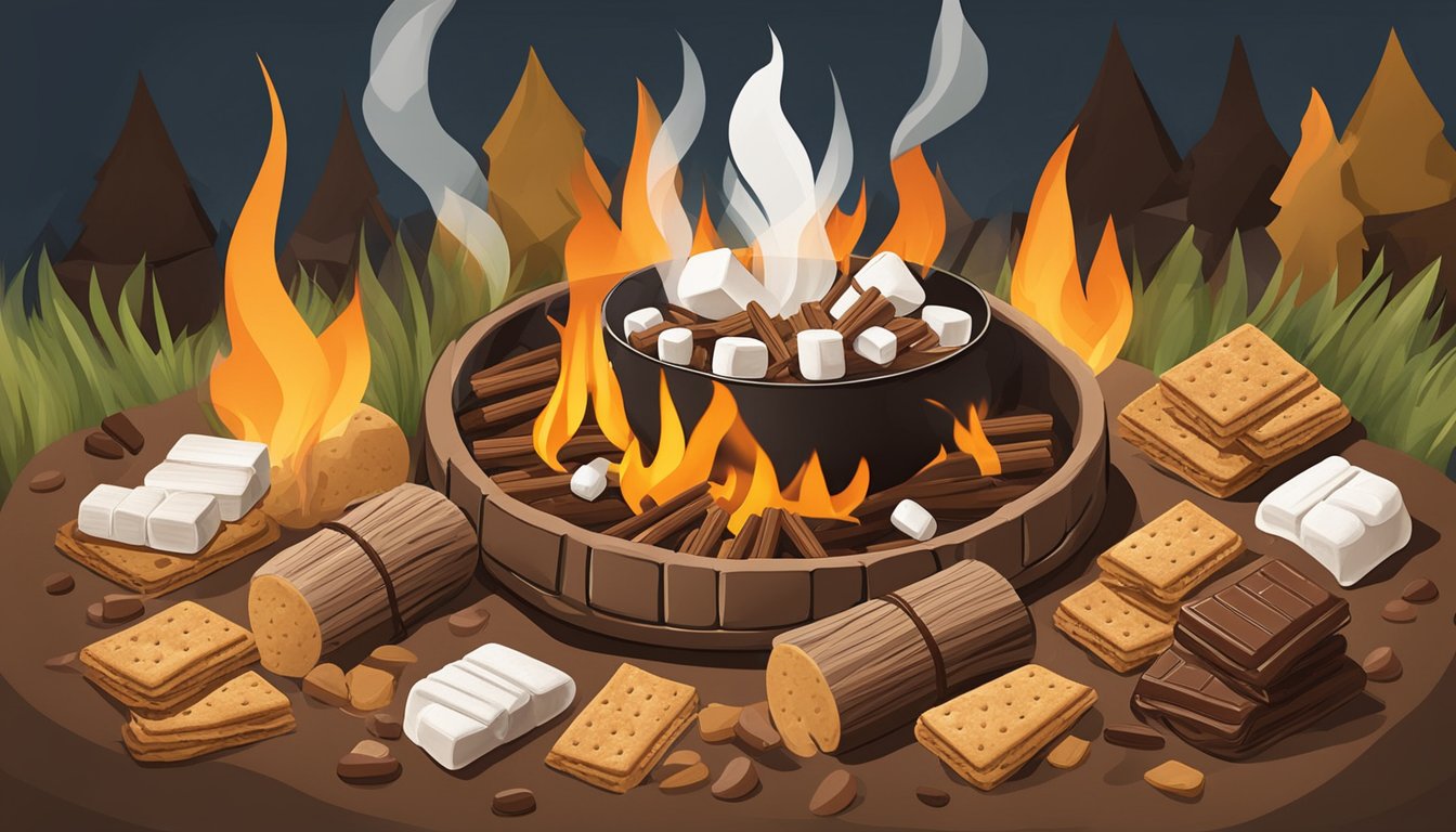 A campfire surrounded by sticks, graham crackers, chocolate, and marshmallows for making Texas-style s'mores