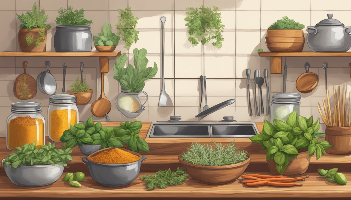 A rustic Texan kitchen with a variety of herbs and spices displayed on a wooden countertop, ready to infuse flavor into vegan dishes