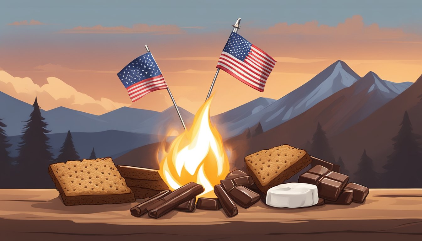 A campfire with a metal skewer holding a roasted marshmallow and chocolate between two graham crackers, with a lone lone star flag flying in the background