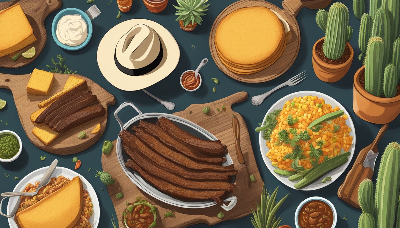 A rustic Texan BBQ spread with vegan versions of brisket, cornbread, and chili, surrounded by cowboy hats and cacti