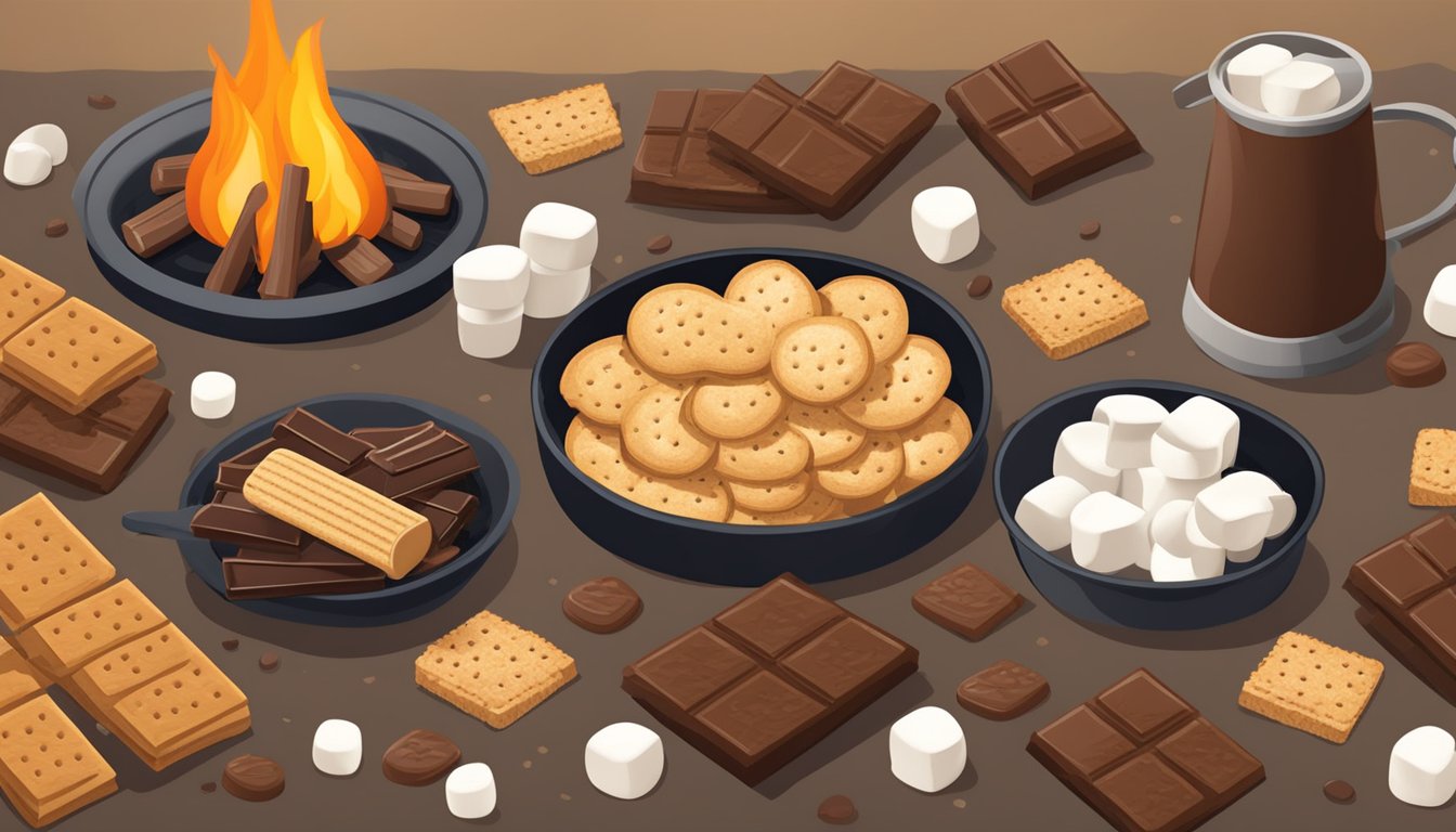 A campfire with marshmallows, chocolate, and graham crackers laid out for making Texas-style s'mores