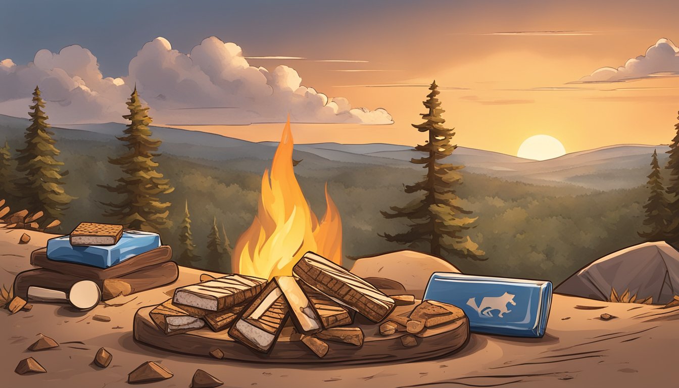 A rustic campfire with a stack of graham crackers, marshmallows, and chocolate bars, surrounded by Texas scenery and a clear sky