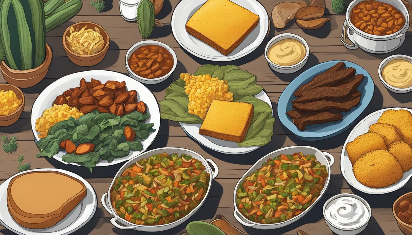 A table set with a spread of vegan Texan dishes, including BBQ jackfruit, cornbread, collard greens, and sweet potato casserole. Cowboy hats and cacti decorate the background