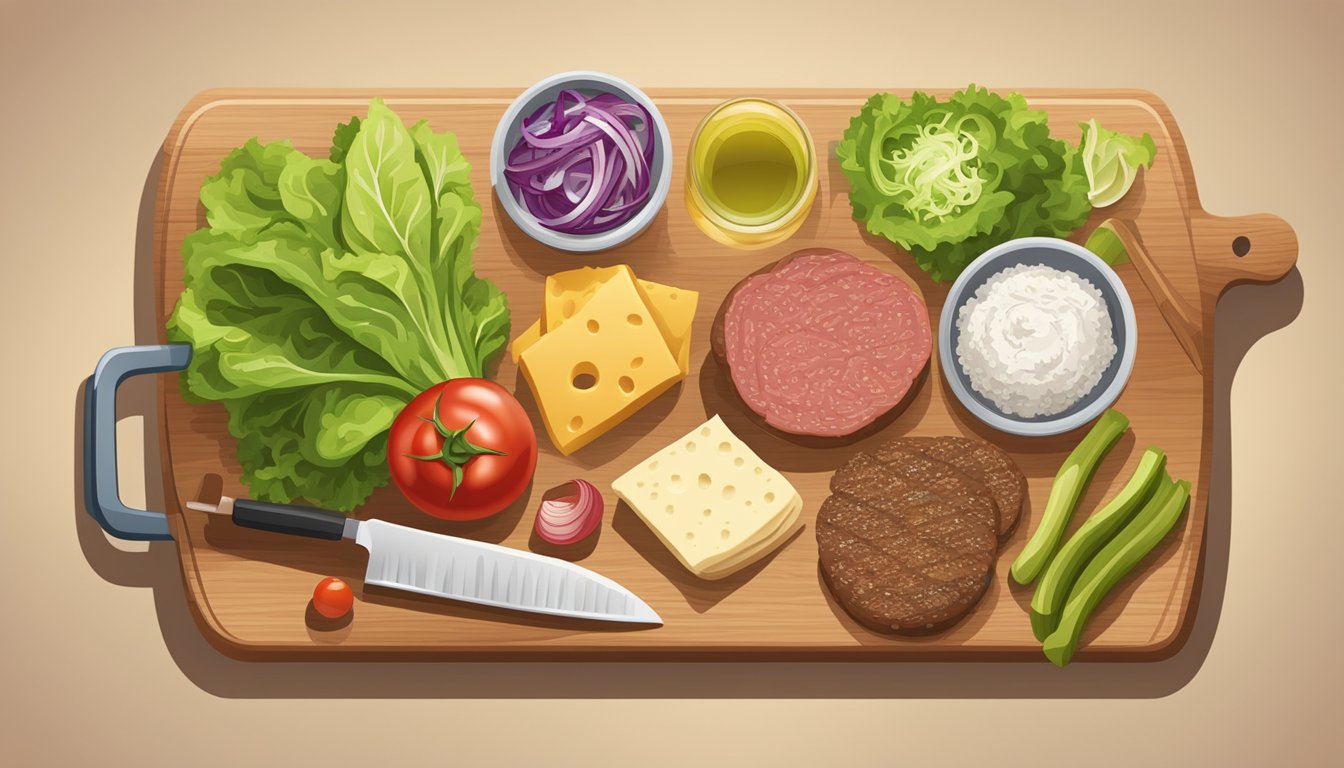 A wooden cutting board with a variety of fresh ingredients, including lettuce, tomatoes, onions, pickles, cheese, ground beef, and a sesame seed bun. A grill and cooking utensils are nearby