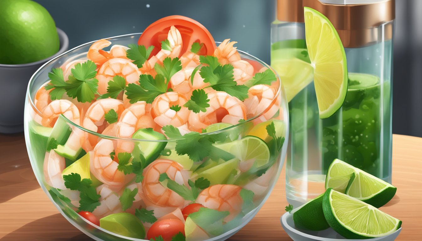 A Tex-Mex seafood cocktail being prepared with fresh shrimp, avocado, tomatoes, and cilantro, mixed with zesty lime and spicy jalapeno in a glass bowl