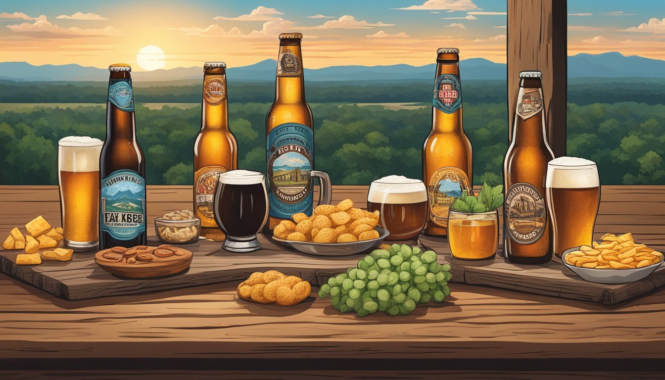 A rustic wooden table adorned with various Texas craft beer bottles, surrounded by tasting glasses and snacks, set against a backdrop of the Lone Star State's iconic landscape