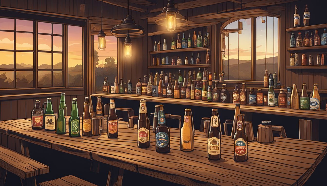 A rustic wooden table adorned with various Texas craft beer bottles and glasses, surrounded by eager tasters in a cozy, dimly lit room