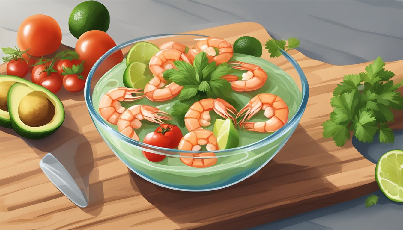 A Tex-Mex seafood cocktail being prepared with cocktail sauce, featuring shrimp, avocado, tomatoes, and cilantro in a glass bowl on a wooden cutting board