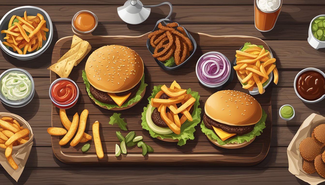 A rustic wooden table with a classic Texas burger, surrounded by a variety of sides and accompaniments including fries, onion rings, coleslaw, pickles, and barbecue sauce