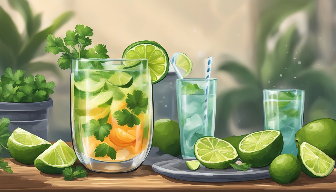 A Tex-Mex seafood cocktail being prepared and garnished with fresh cilantro, avocado, and lime, ready to be served in a glass