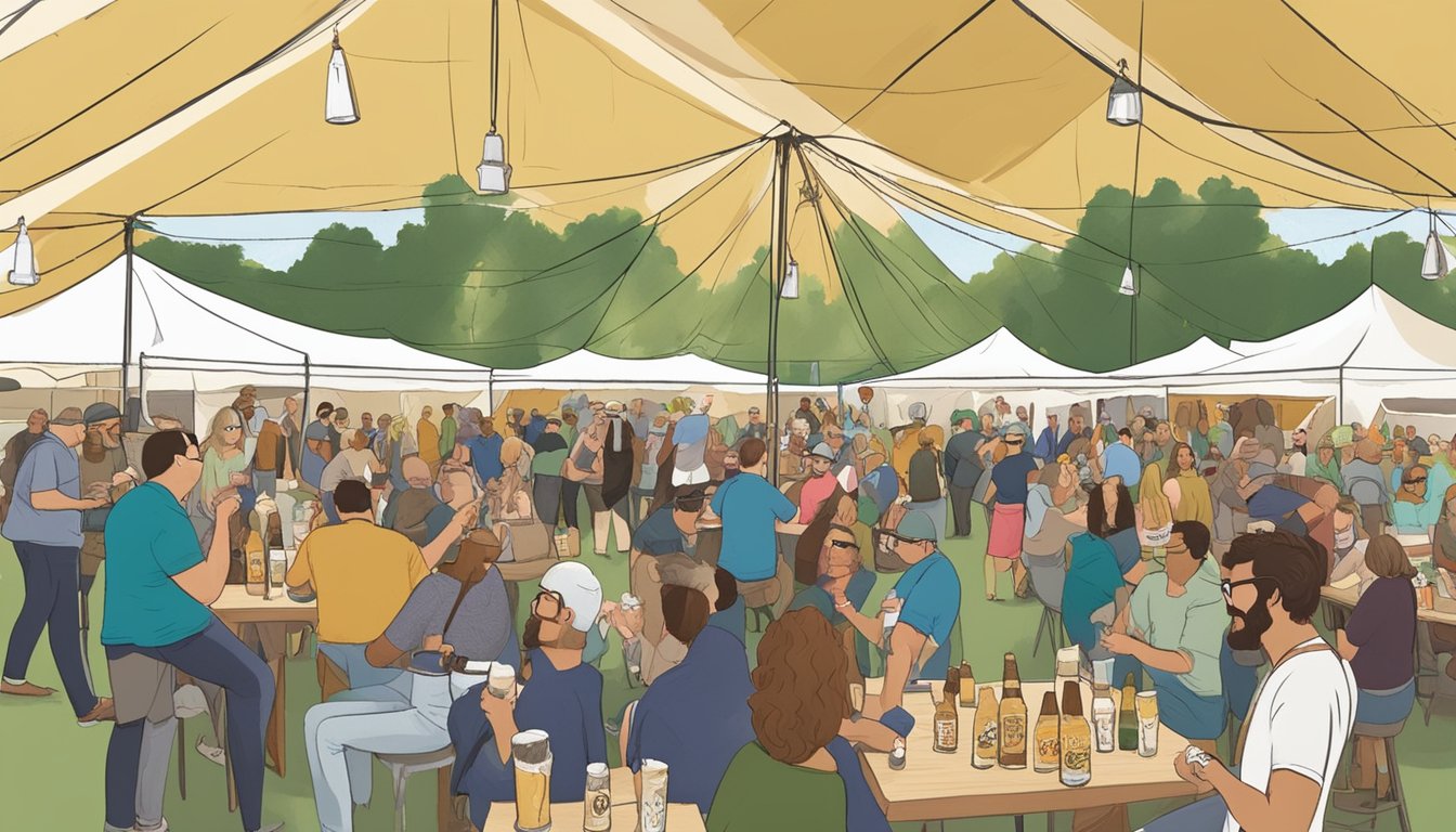 A group of people gather under a large tent, surrounded by tables filled with various craft beer samples. Laughter and conversation fill the air as attendees enjoy the Texas beer tasting event