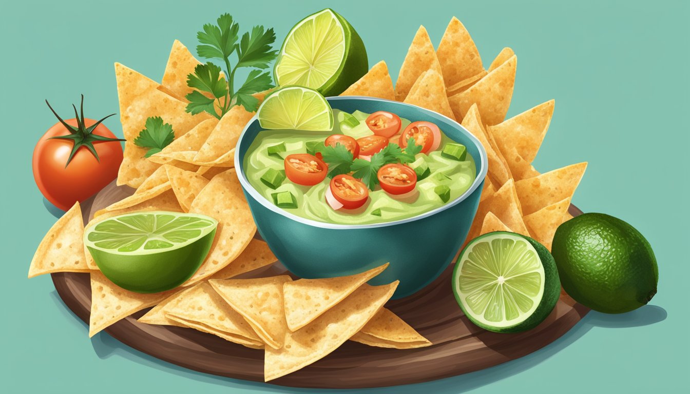 A Tex Mex seafood cocktail being prepared with shrimp, avocado, tomatoes, and cilantro, accompanied by tortilla chips and lime wedges