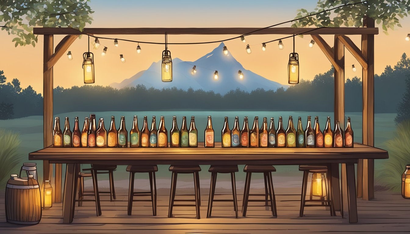 A rustic outdoor setting with long wooden tables, string lights, and a variety of Texas craft beer bottles and glasses arranged for a tasting event