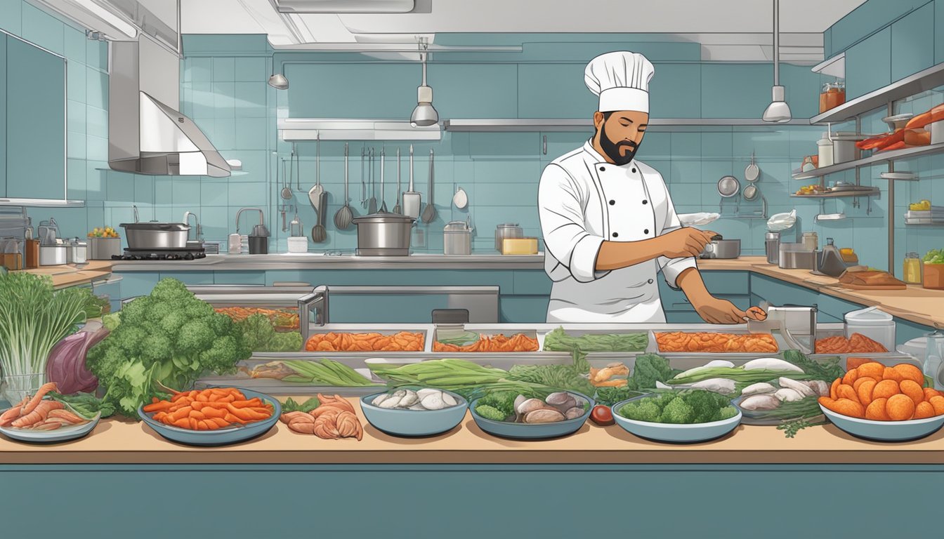 A chef arranging fresh seafood, vegetables, and spices on a clean, organized kitchen counter according to health and safety guidelines