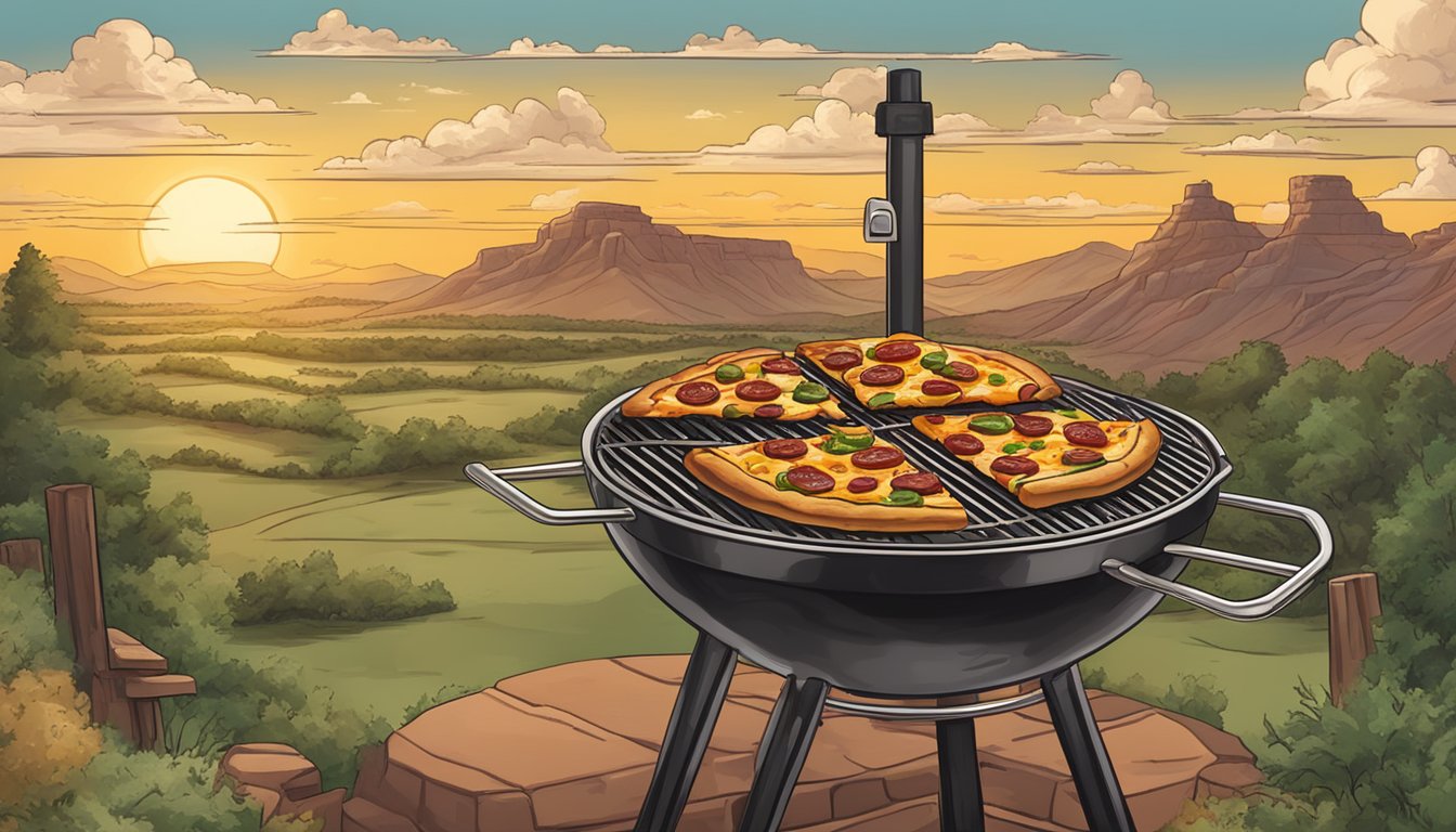 A grill with a sizzling pizza topped with barbecue sauce, smoked brisket, jalapenos, and melted cheese, surrounded by a Texas landscape