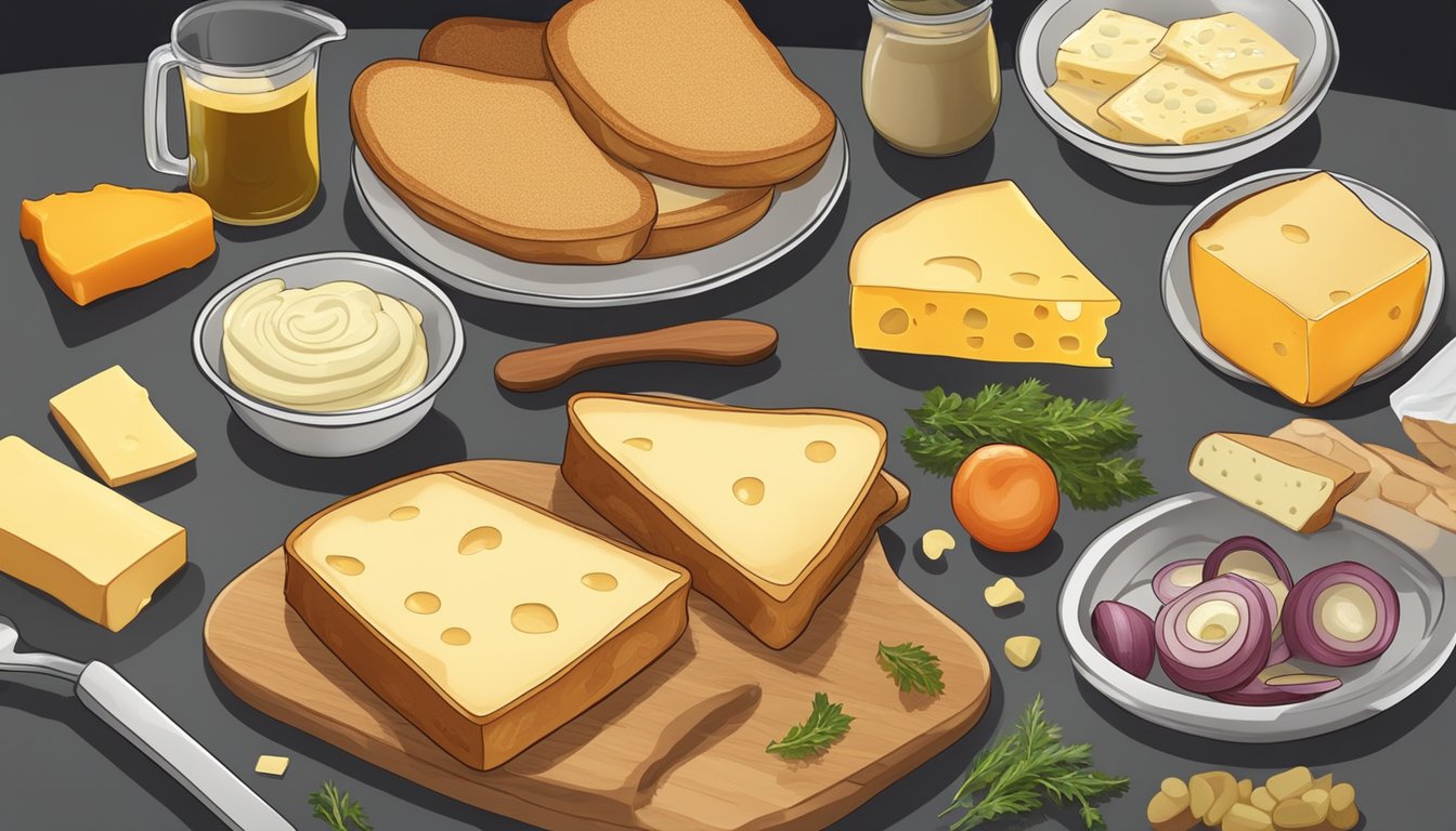 A kitchen counter with a variety of cheese, bread, butter, and other ingredients laid out for making a Texas style grilled cheese sandwich