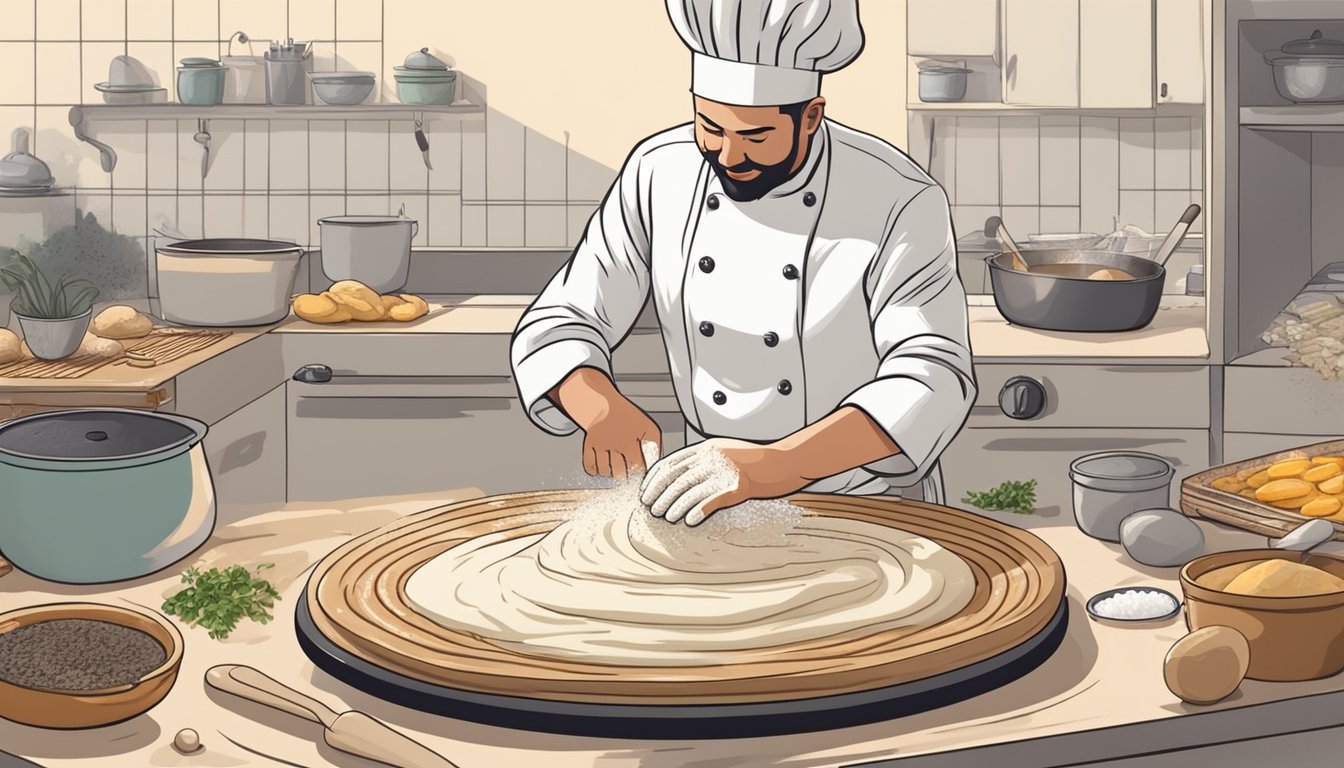 A chef kneads dough on a floured surface, surrounded by ingredients and a grill