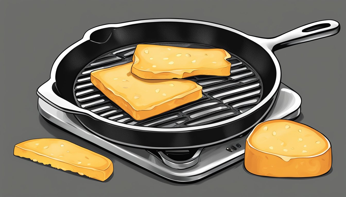 A cast iron skillet sizzling on a grill, with buttered slices of Texas toast and thick slices of cheddar cheese ready to be grilled