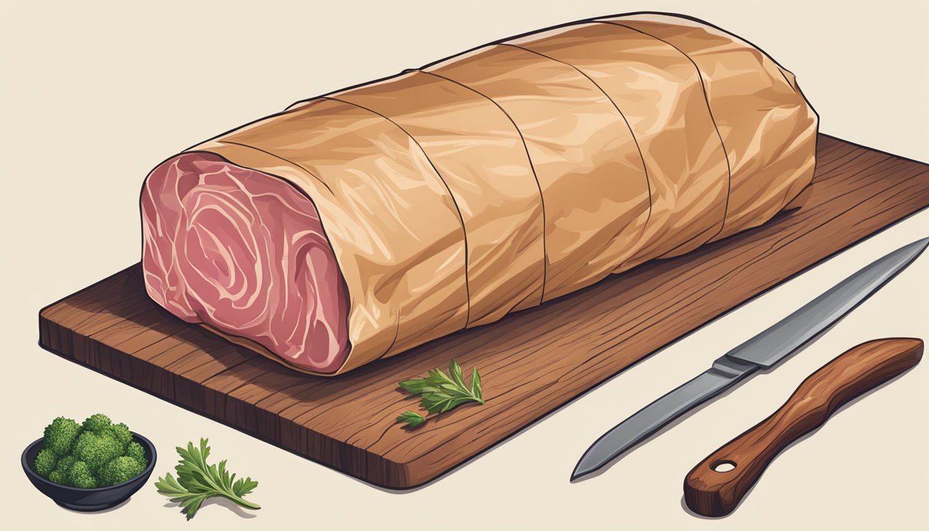 A large piece of pork being wrapped in butcher paper, resting on a cutting board