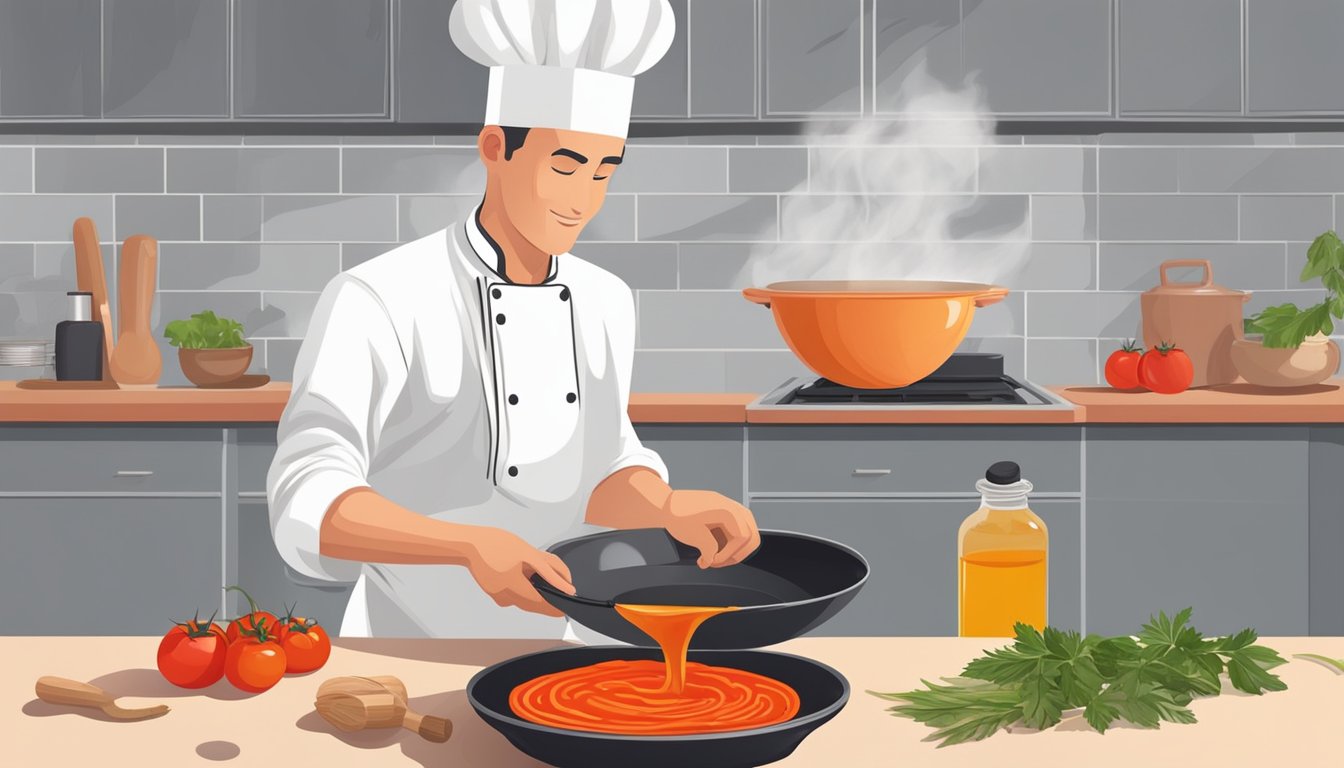 A chef mixes tomato sauce, spices, and oil in a bowl, ready to spread on a pizza crust. A grill sizzles in the background