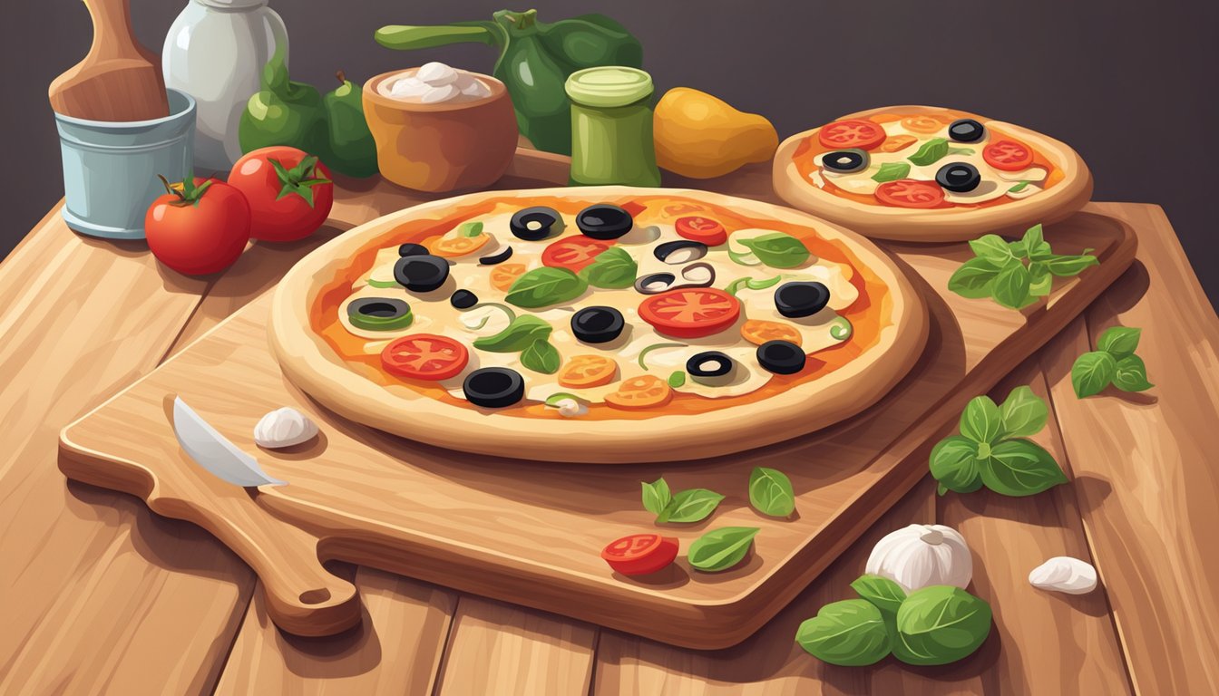 A wooden cutting board with various pizza toppings and a rolling pin on a kitchen counter