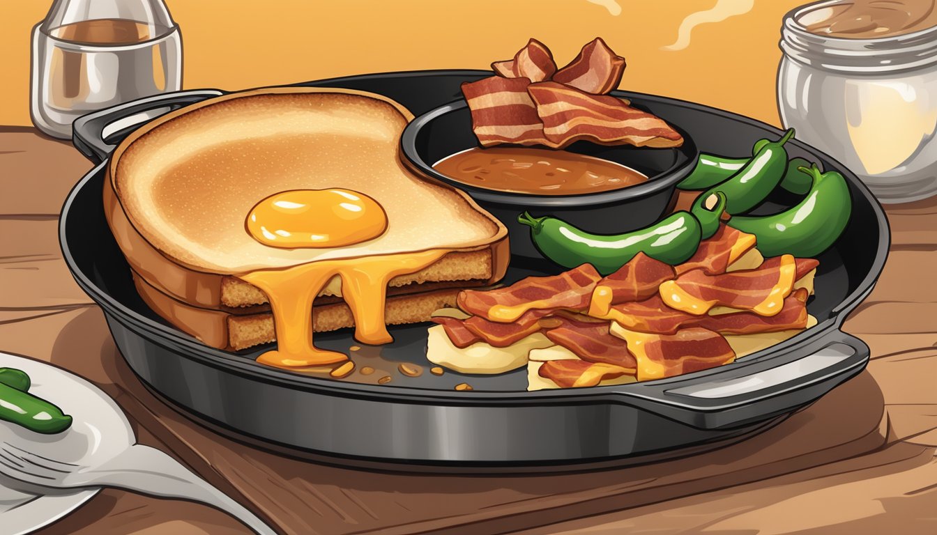 A sizzling skillet with a golden-brown grilled cheese sandwich, oozing with melted cheddar and topped with crispy bacon and jalapenos, surrounded by a side of tangy barbecue sauce