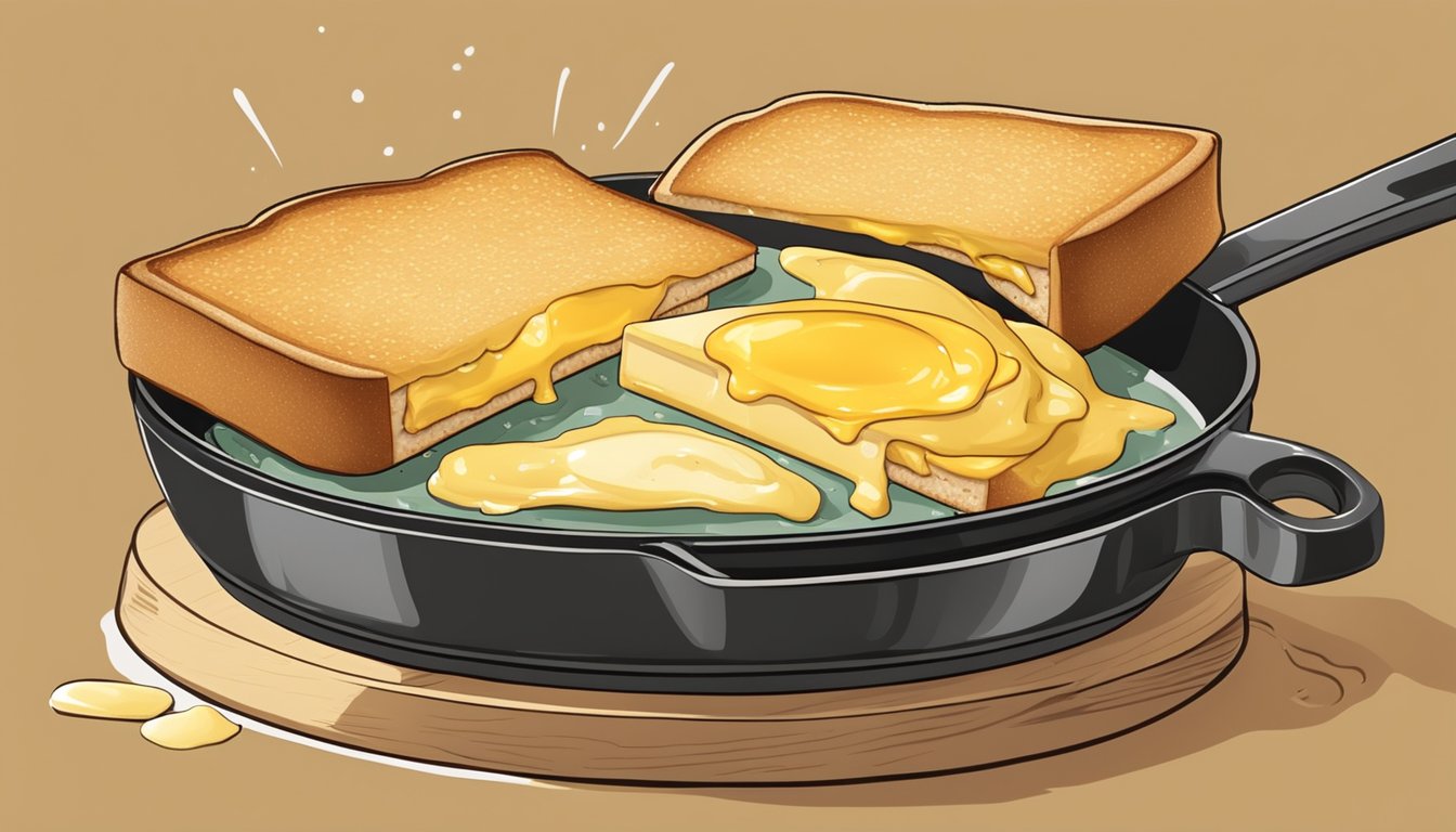 A skillet sizzling with butter-soaked bread and gooey cheese melting between two slices, a spatula flipping the sandwich to golden perfection