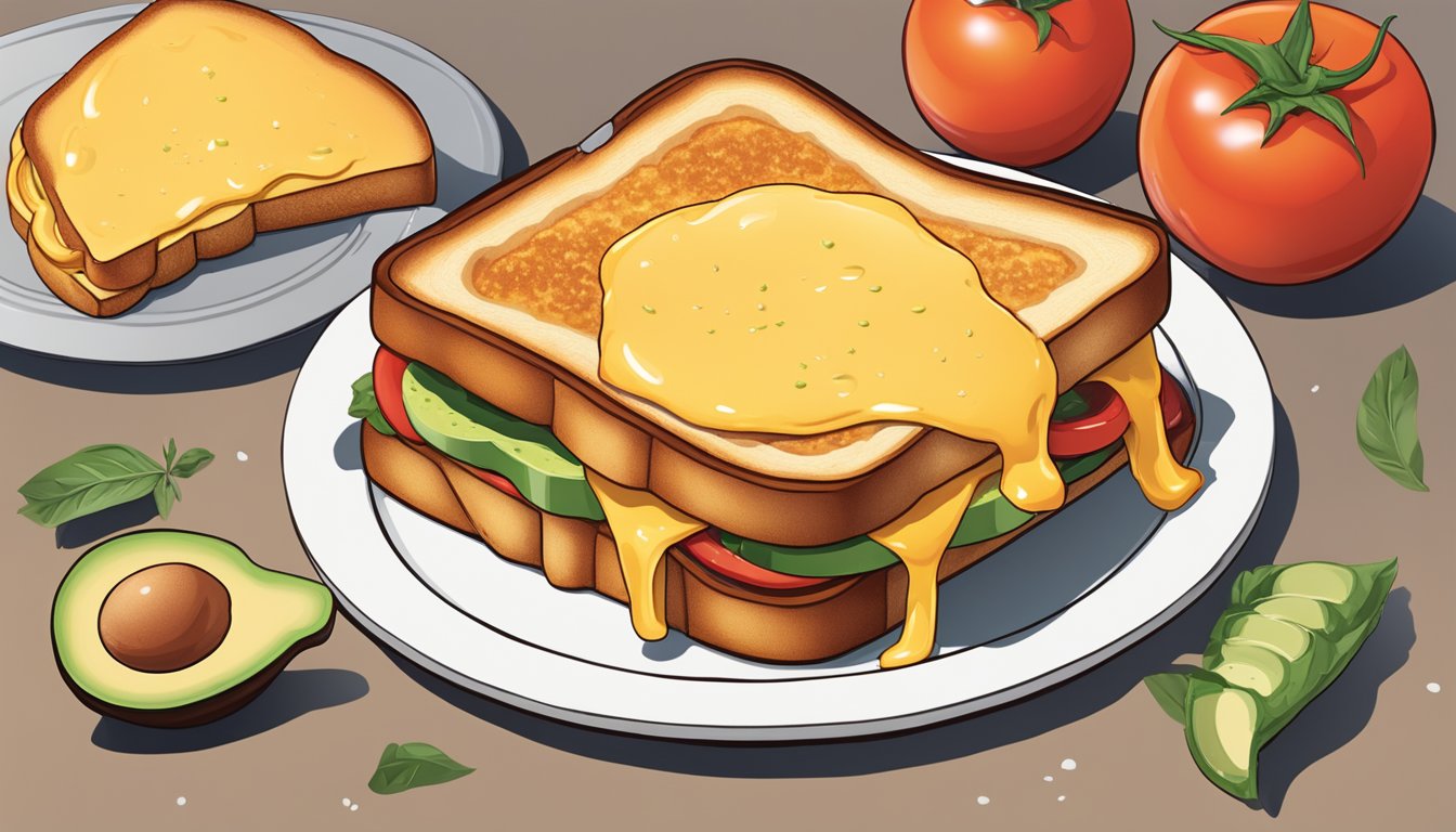 A sizzling skillet holds a golden-brown Texas-style grilled cheese sandwich, oozing with melted cheddar and pepper jack, surrounded by fresh tomatoes and avocado slices