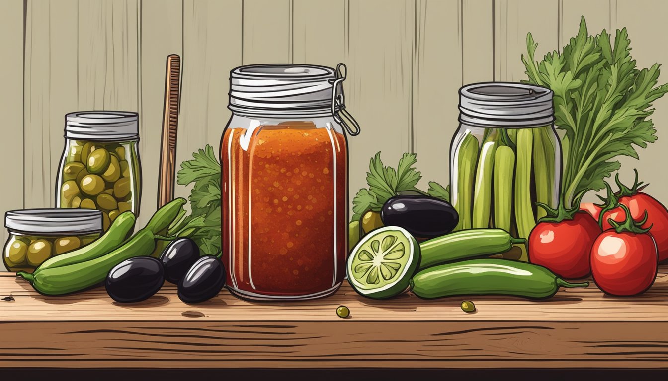 A rustic wooden bar top with a mason jar filled with a spicy red liquid, surrounded by celery, pickles, and a skewer of olives and jalapenos