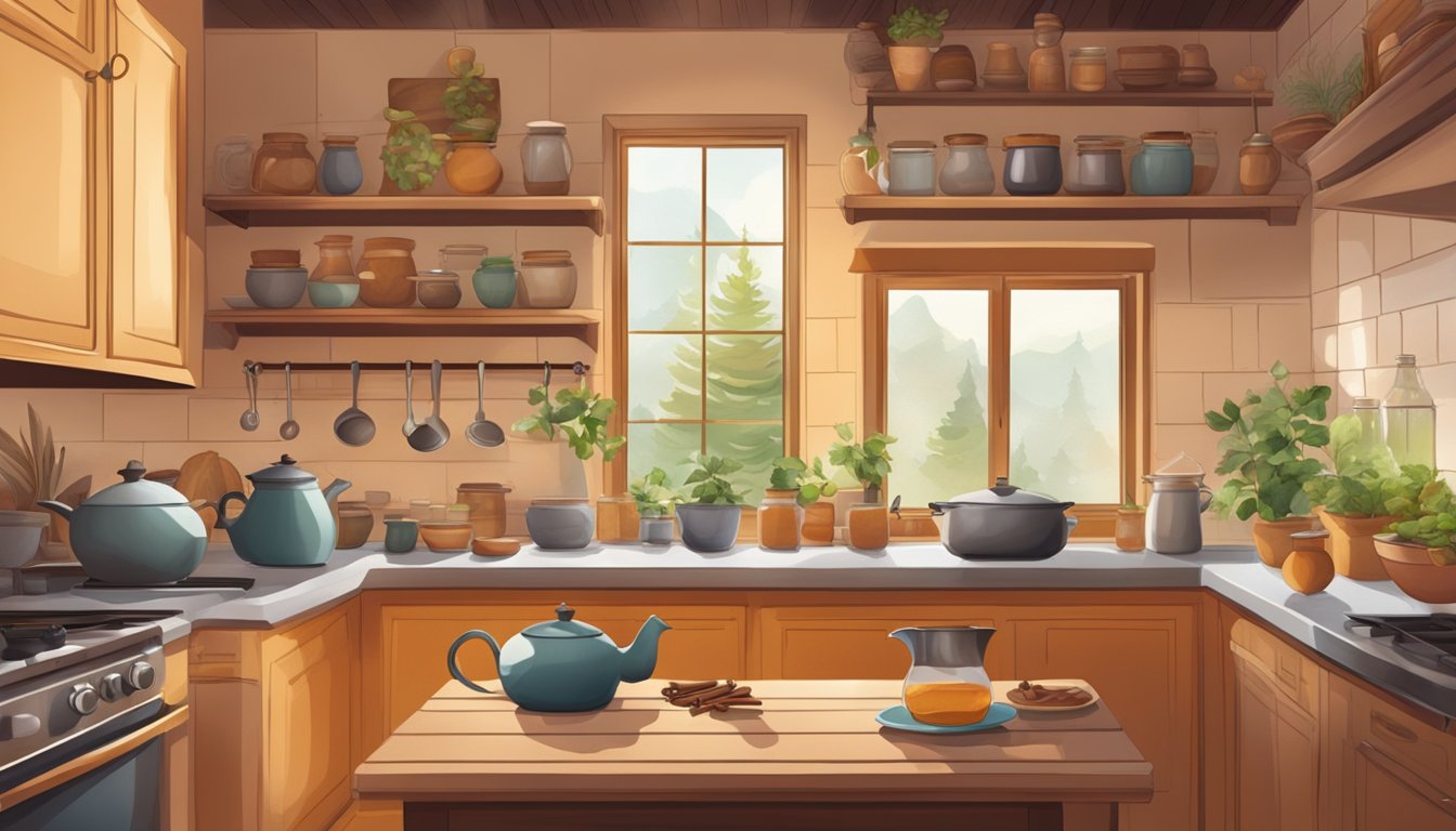 A cozy kitchen with a steaming pot of chai simmering on the stove, surrounded by jars of spices and a warm, inviting atmosphere