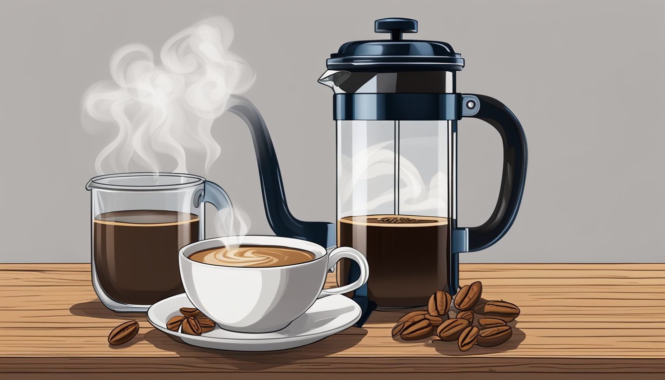 Steam rises from a freshly brewed cup of Texas pecan coffee, surrounded by a French press, coffee beans, and a rustic wooden table