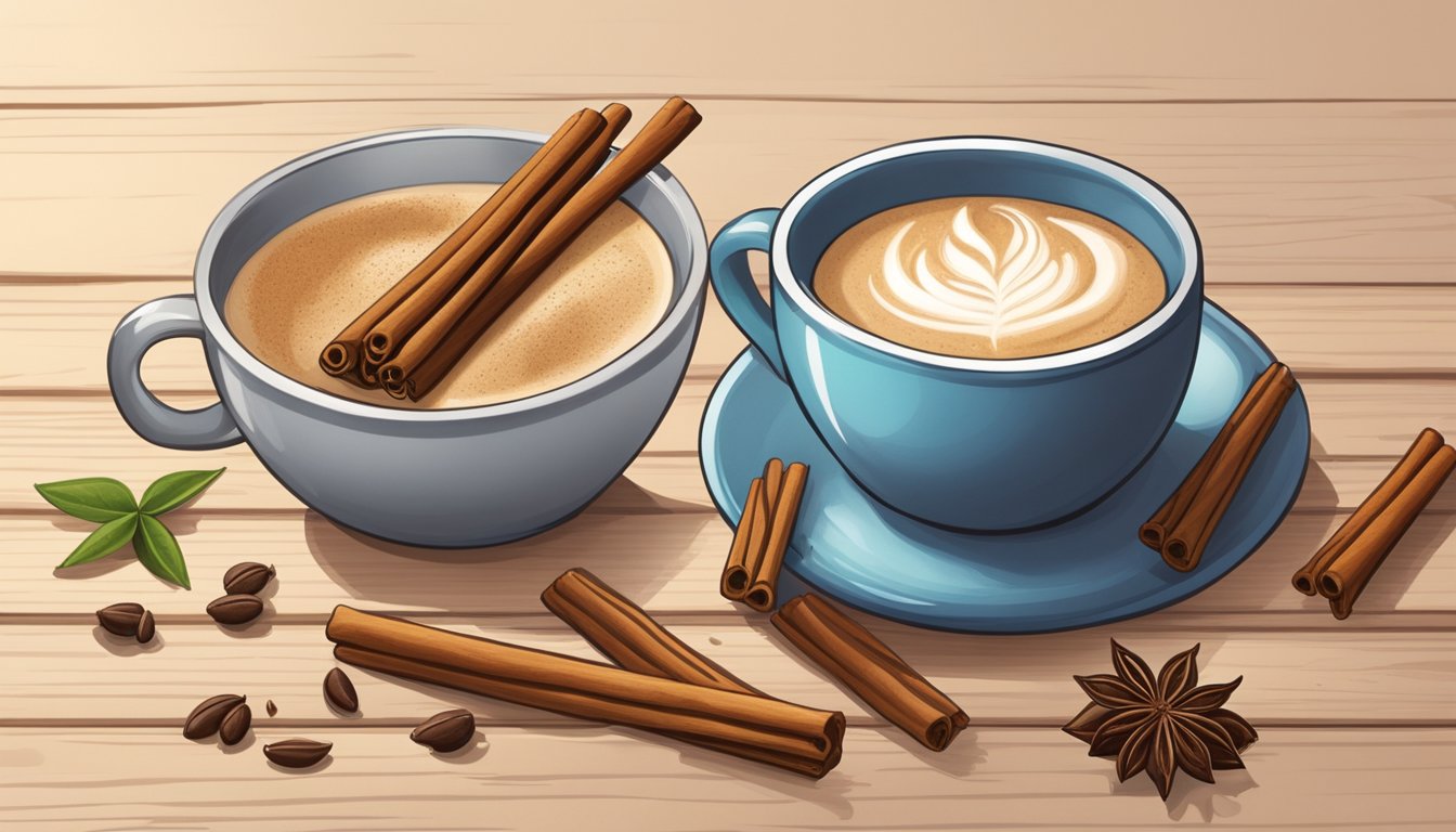 A steaming mug of chai latte surrounded by cinnamon sticks, cloves, cardamom pods, and a milk frother on a rustic wooden table