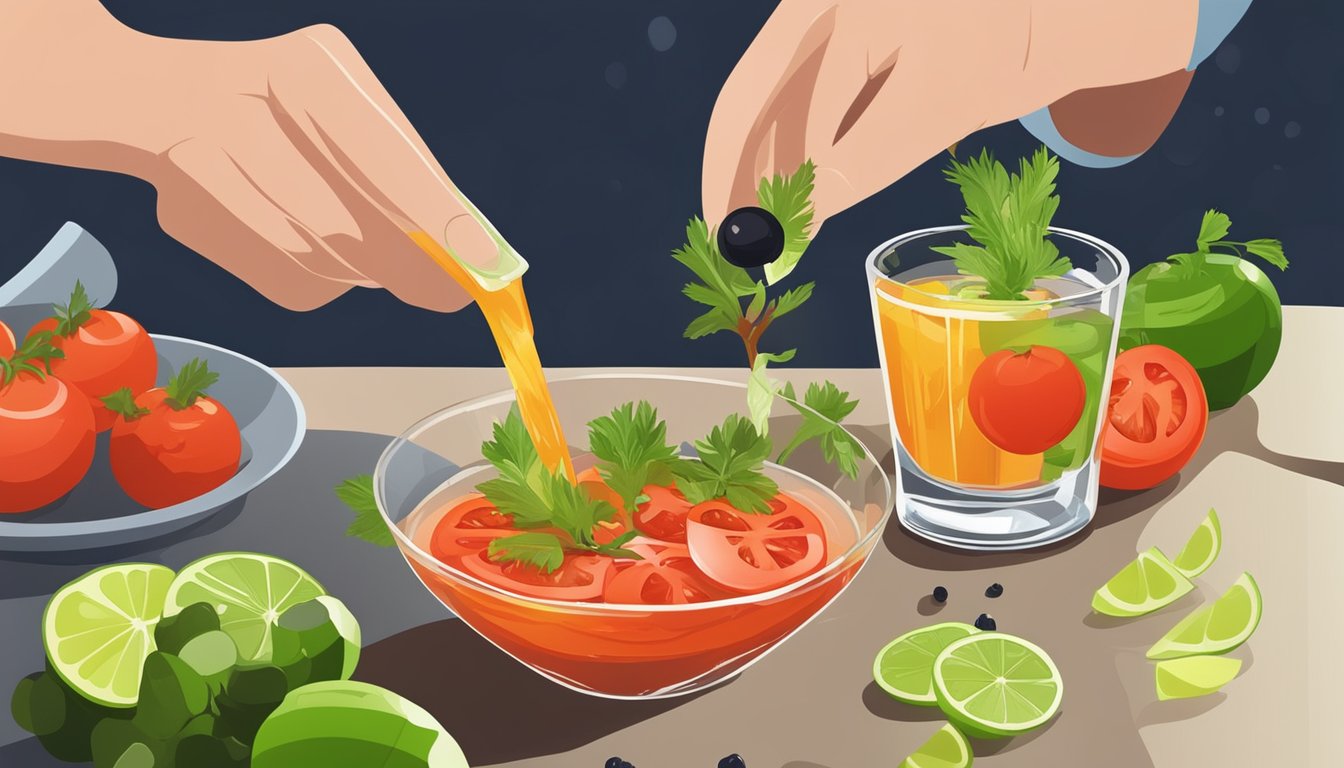 A bartender pours vodka, tomato juice, and spices into a glass, garnishing with celery, olives, and a lime wedge