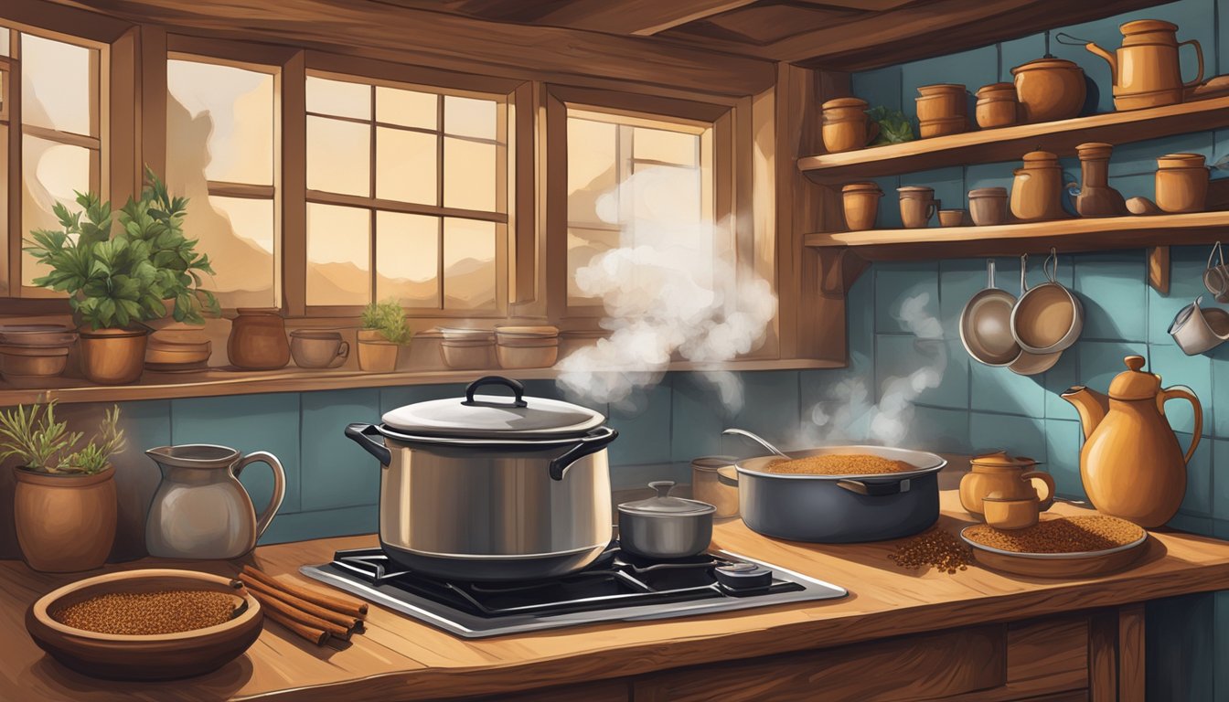 A rustic kitchen with a steaming pot of chai on a stovetop, surrounded by spices and a cowboy hat hanging on the wall