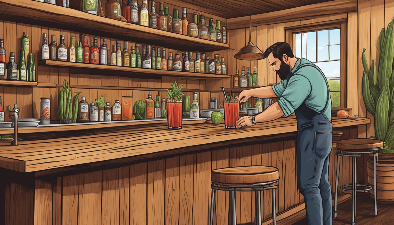 A rustic wooden bar with a bartender crafting a Texas-style Bloody Mary with a garnish of pickled okra and a rim of barbecue rub