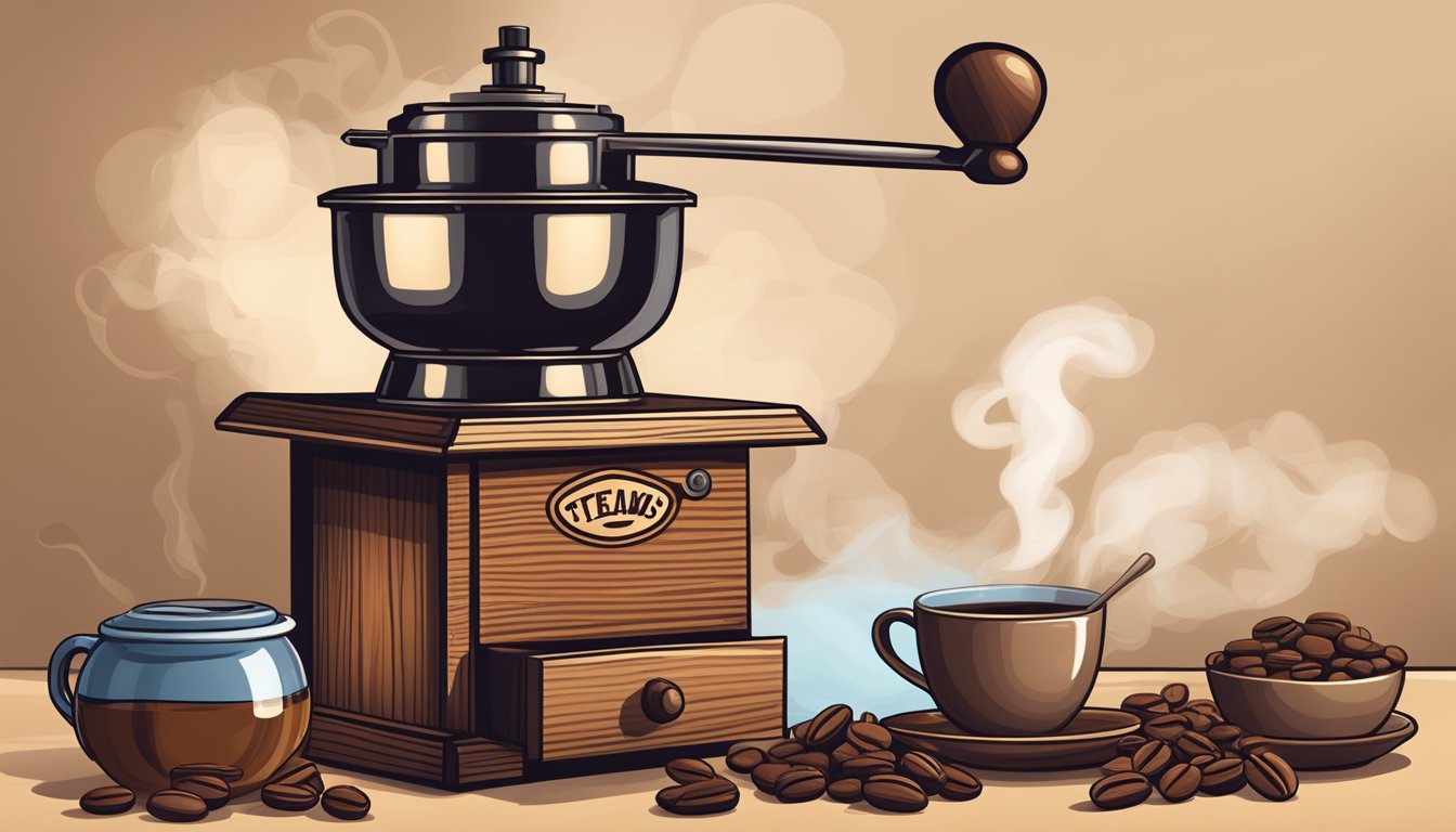 Steam rises from a freshly brewed cup of Texas pecan coffee, surrounded by a rustic coffee grinder, a bag of freshly roasted beans, and a wooden spoon