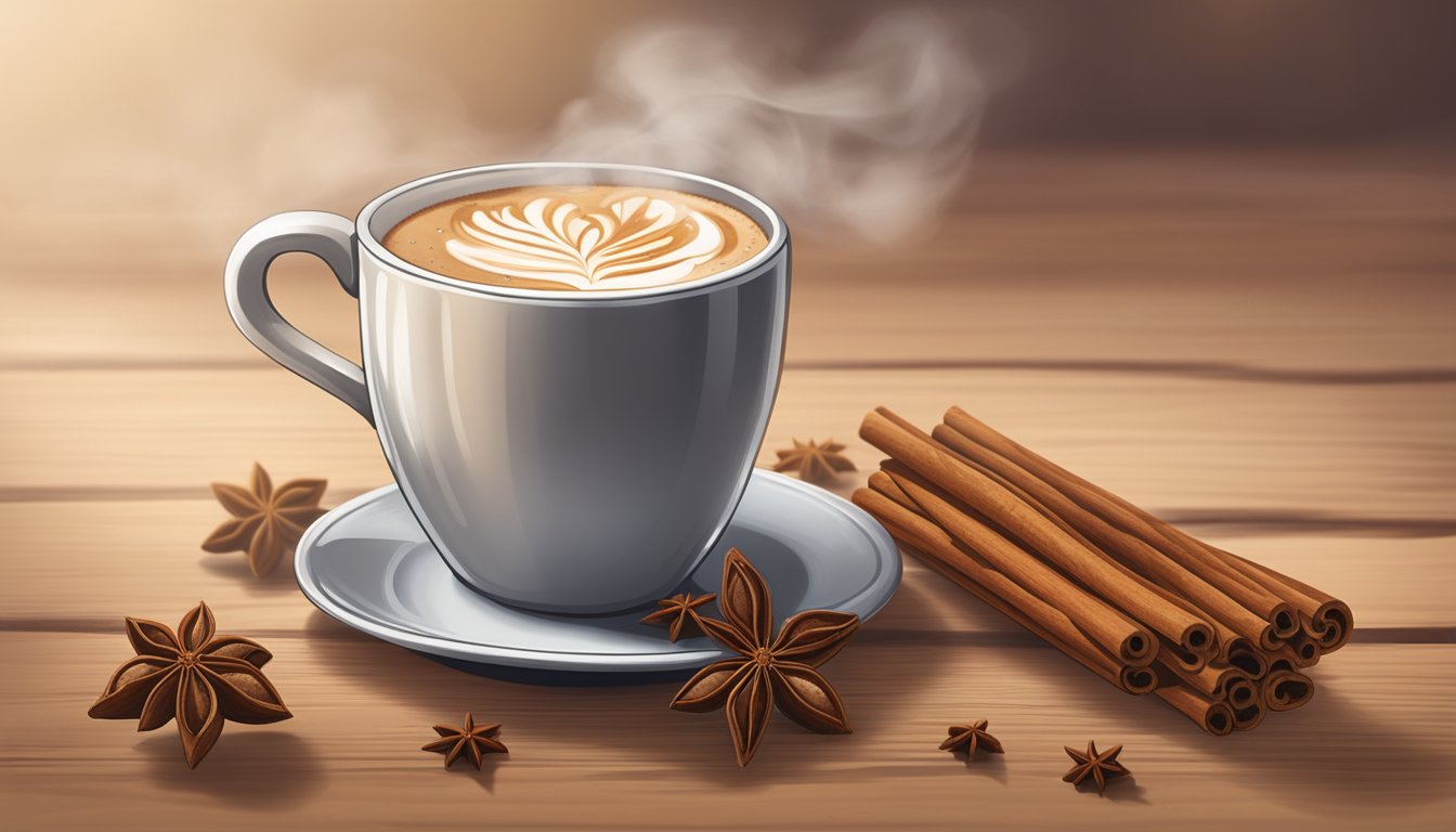 A steaming mug of Texas-style chai latte surrounded by cinnamon sticks and a sprinkle of nutmeg on a rustic wooden table