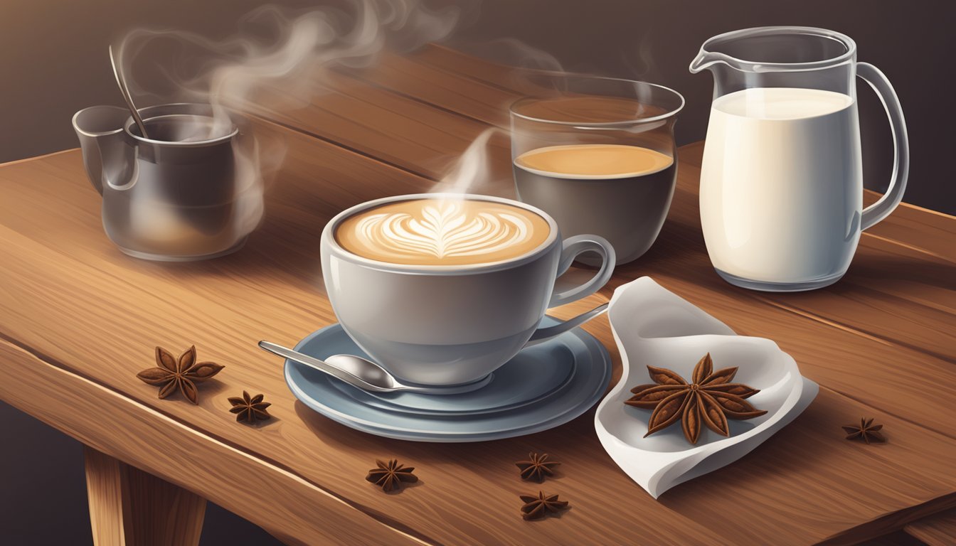 A rustic wooden table with a steaming cup of chai latte, accompanied by a small pitcher of milk and a bowl of fragrant spices