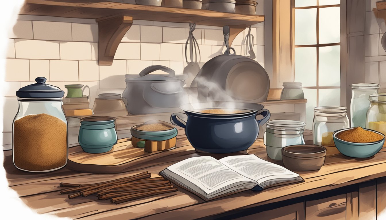 A rustic kitchen with a steaming pot of chai on a stove, surrounded by jars of spices and a worn recipe book