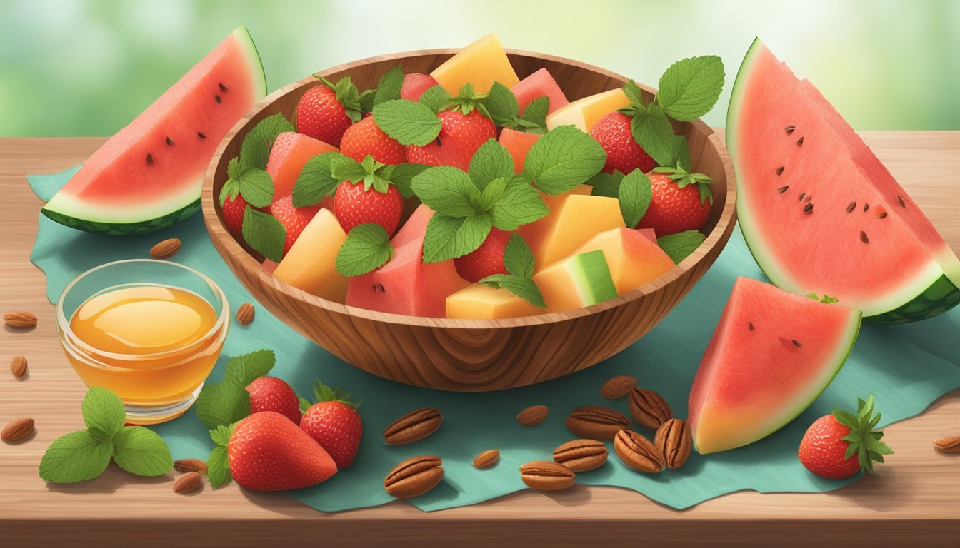 A wooden bowl filled with sliced watermelon, cantaloupe, and strawberries drizzled with local honey, surrounded by a scattering of pecans and mint leaves