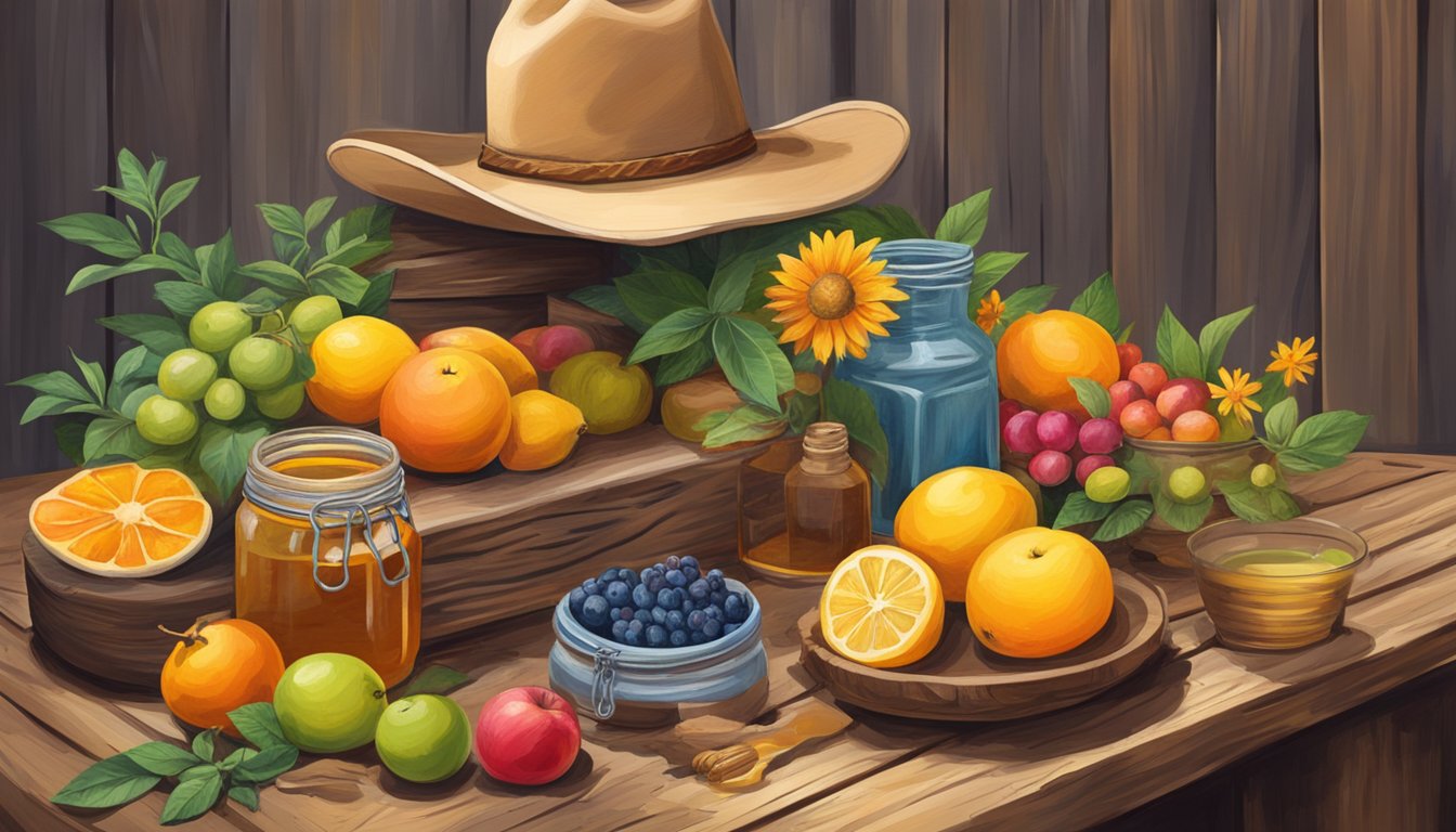 A rustic wooden table with a colorful array of fresh Texas fruits and a jar of local honey, surrounded by wildflowers and a cowboy hat